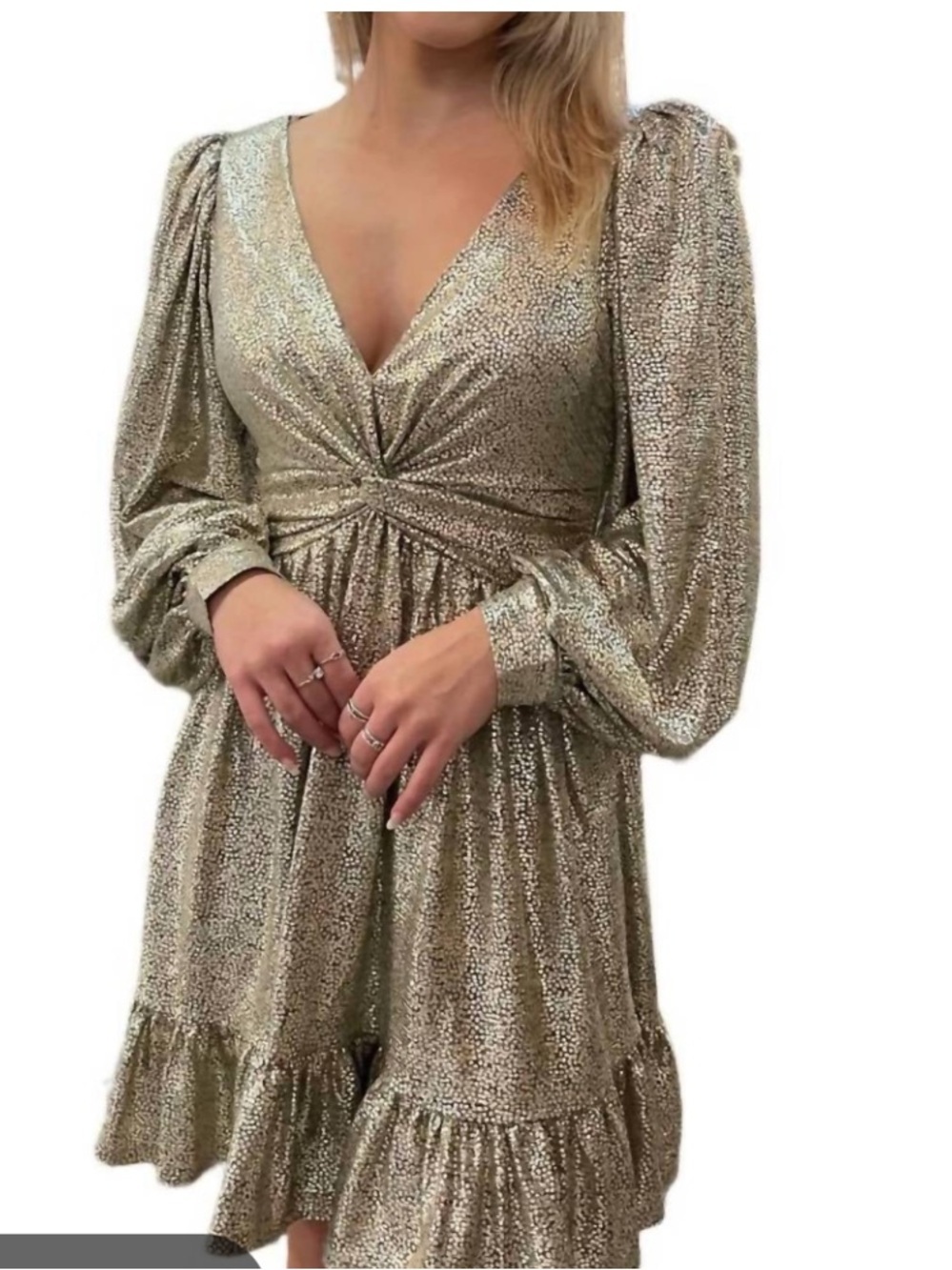 Skies Are Blue by Anthropologie Metallic Gold V-Neck Ruffle Mini Dress XS